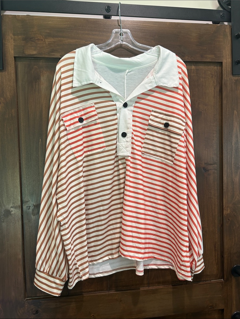 A38 NWOT -- Striped Button Top in Coral & Beige - size XL